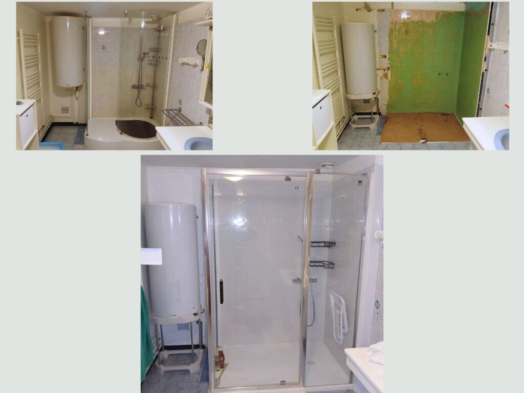 Rénovation de salle de bain à Sorigny : avant-après du remplacement d'une douche par Energie & Co, plombier chauffagiste.